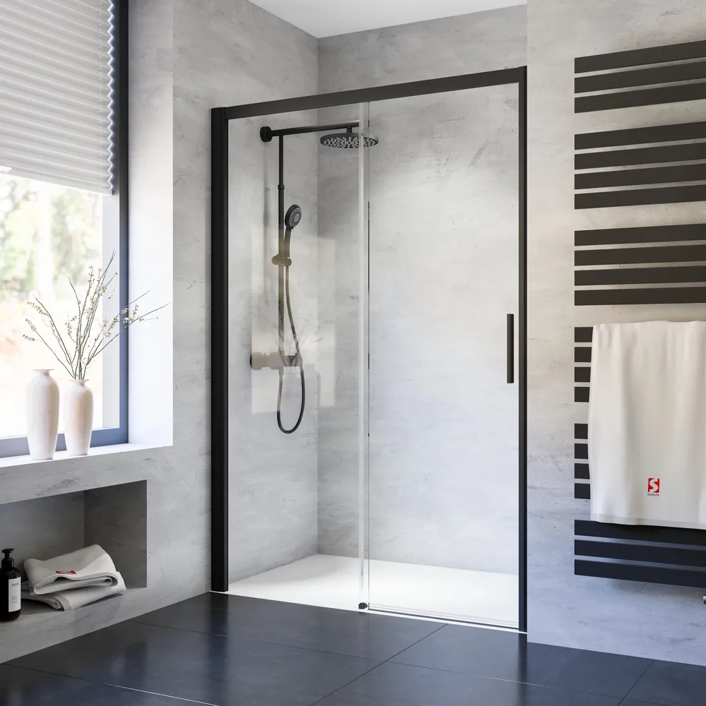 1500 mm, 2000 mm, Noir mat, Transparent anticalcaire, Élément fixe: droite / gauche